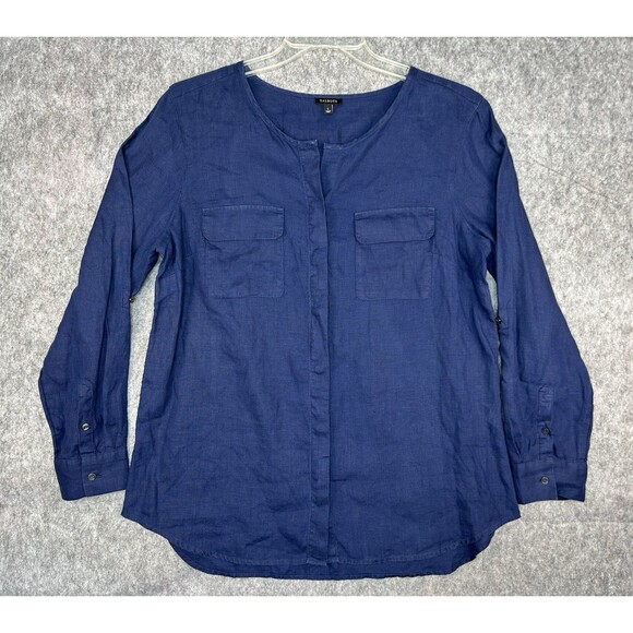 Talbots 100% Linen Shirt Top Blue Button Up Long Sleeve Pockets Large Coastal - Picture 1 of 10